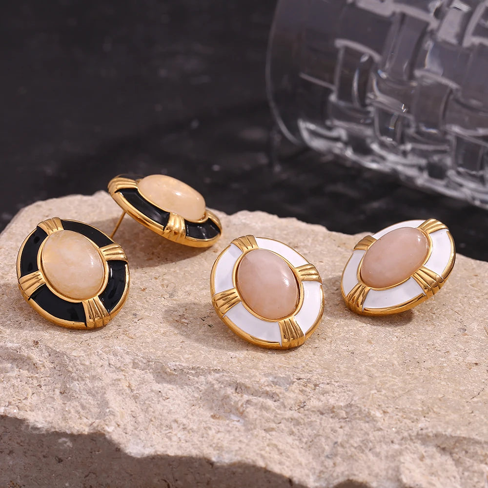 Pendientes de Acero Inoxidable con Piedra Natural Ovalada – Belleza Auténtica.