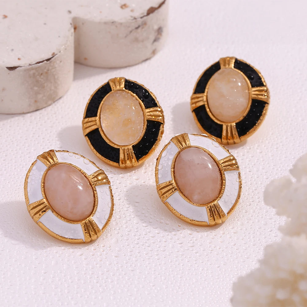 Pendientes de Acero Inoxidable con Piedra Natural Ovalada – Belleza Auténtica.