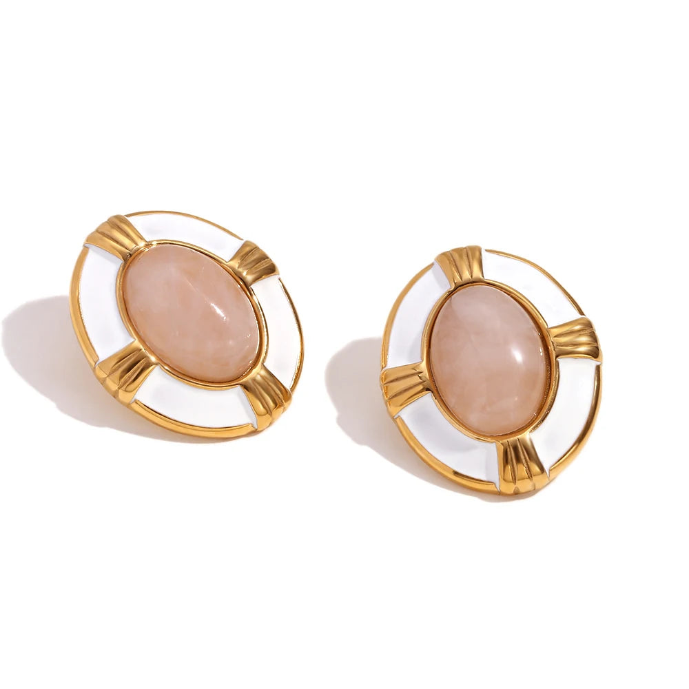 Pendientes de Acero Inoxidable con Piedra Natural Ovalada – Belleza Auténtica.