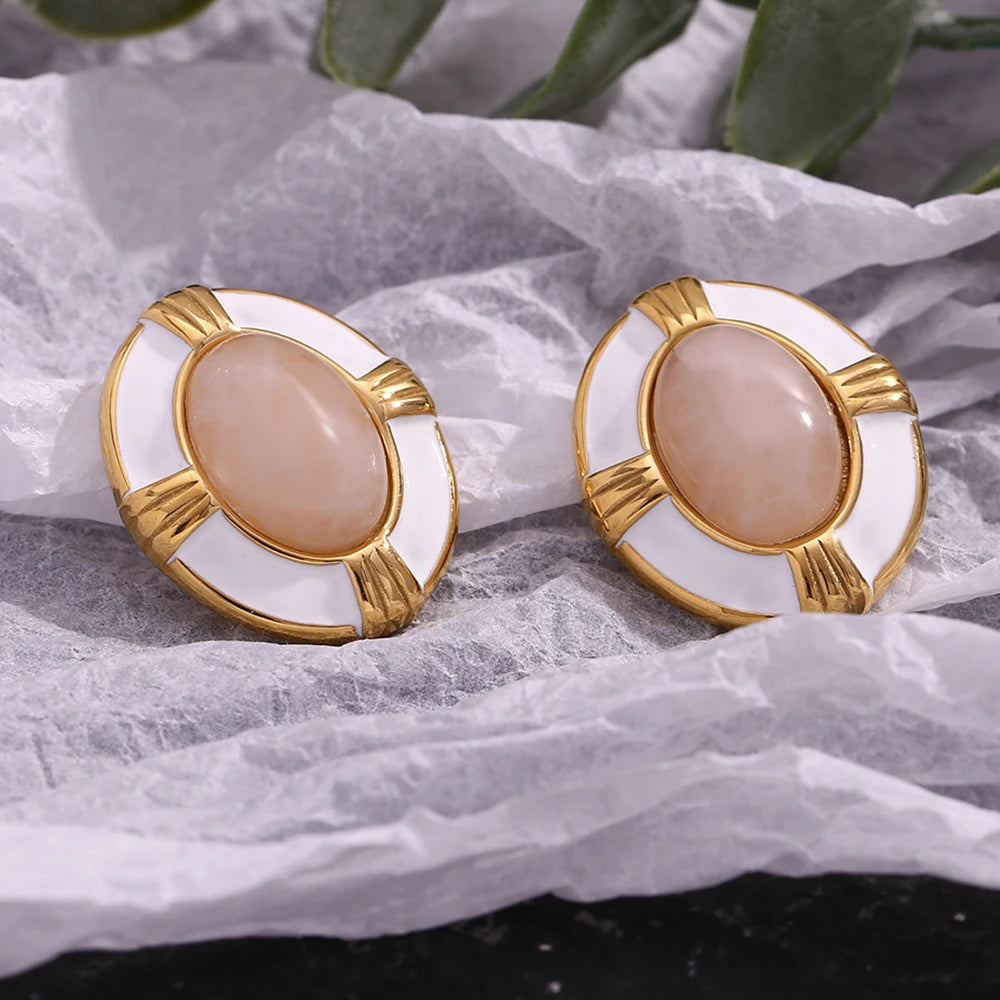 Pendientes de Acero Inoxidable con Piedra Natural Ovalada – Belleza Auténtica.