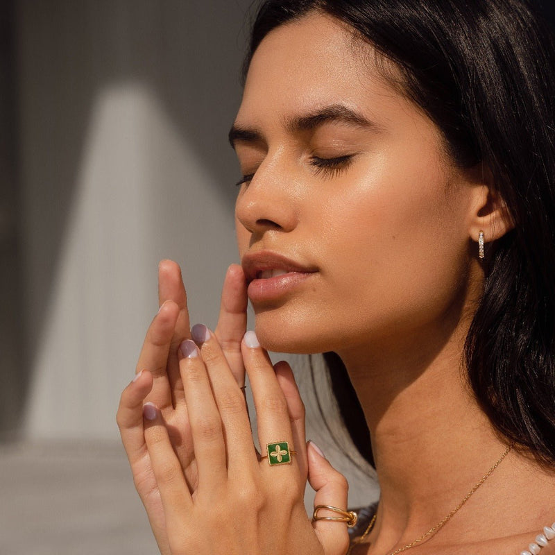 Adjustable Green Clover Ring in 18K Gold Plated